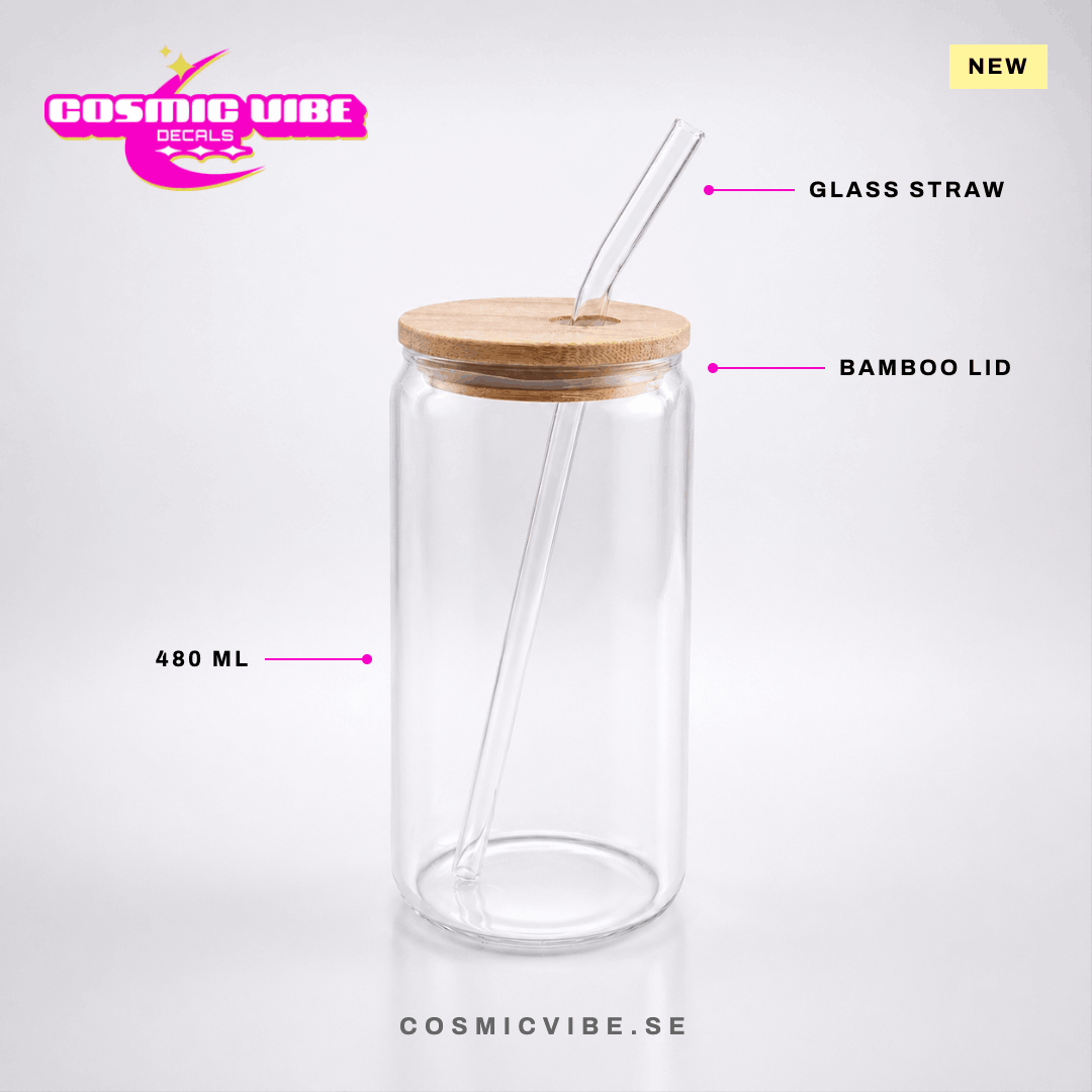 16 oz glas (480 ml) med bambulock och glassugrör – perfekt för cup wraps
