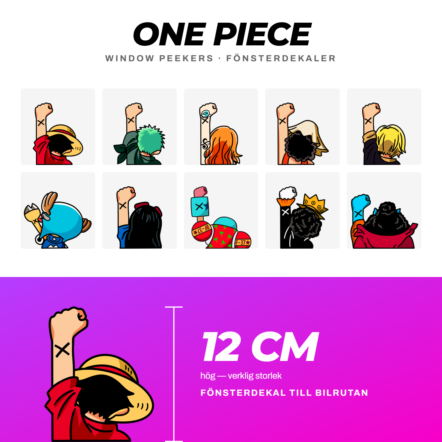 Alla 10 One Piece window peekers – fönsterdekaler med hela Straw Hat-gänget, 12 cm höga