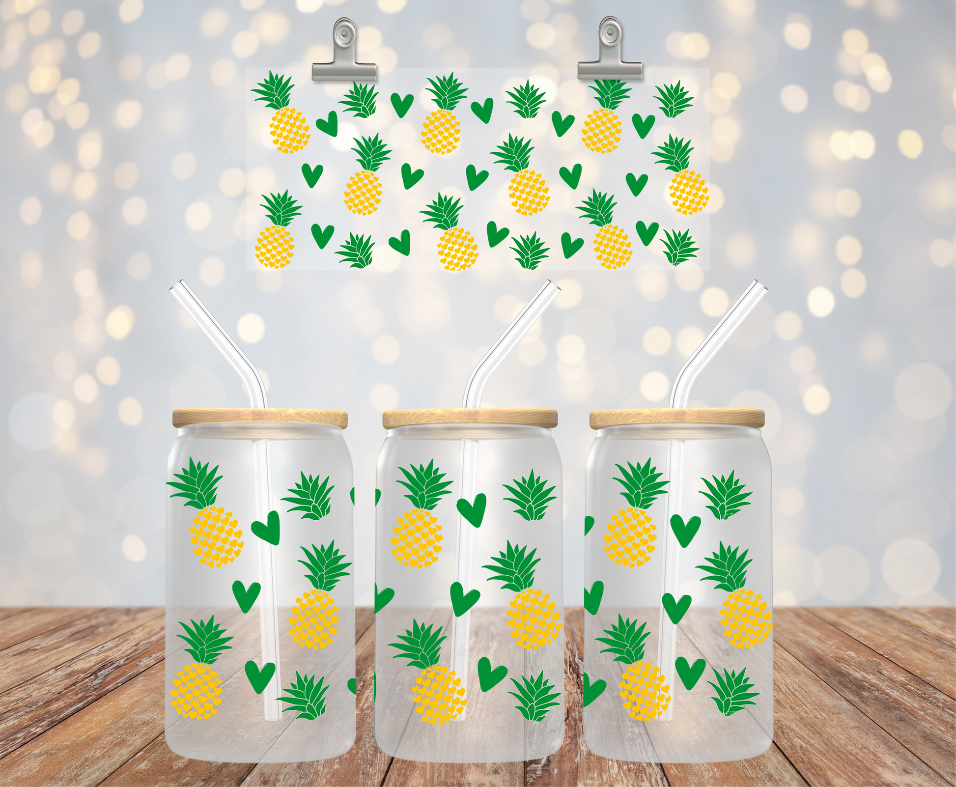 UV DTF cup wrap med ananas på 16 oz glass can