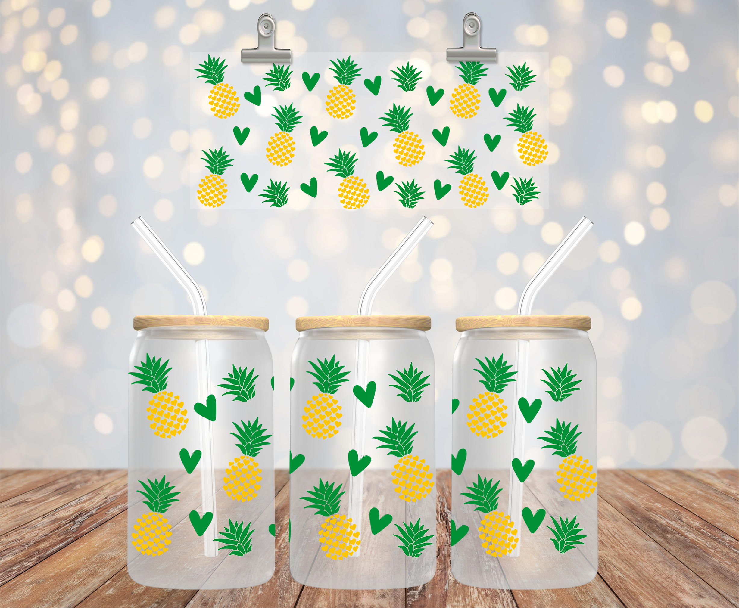 UV DTF cup wrap med ananas på 16 oz glass can