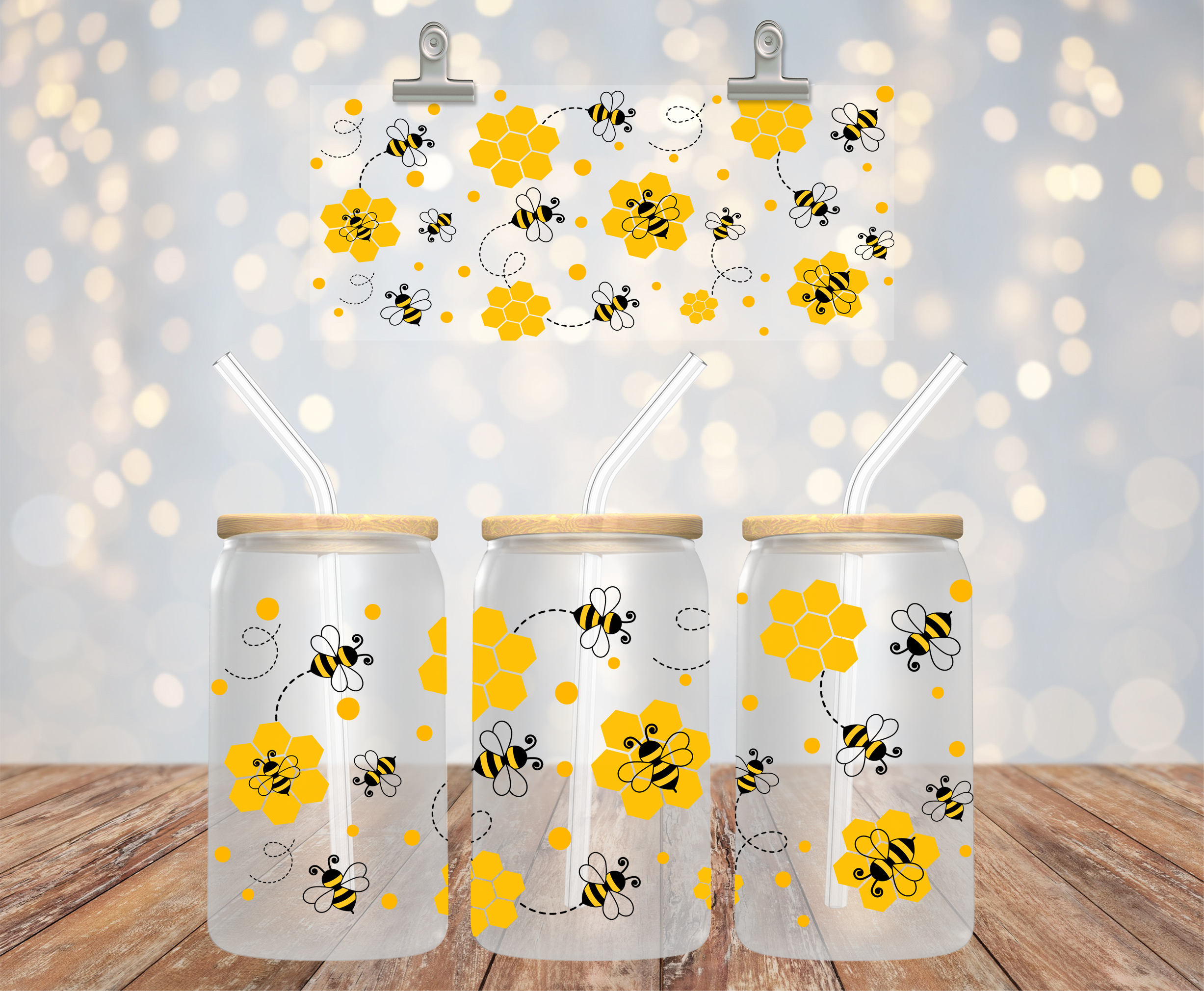 UV DTF cup wrap med bin & honung på 16 oz glass can
