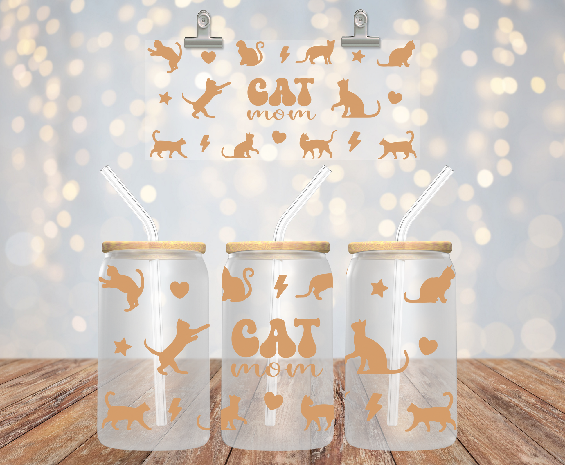 UV DTF cup wrap med cat mom på 16 oz glass can