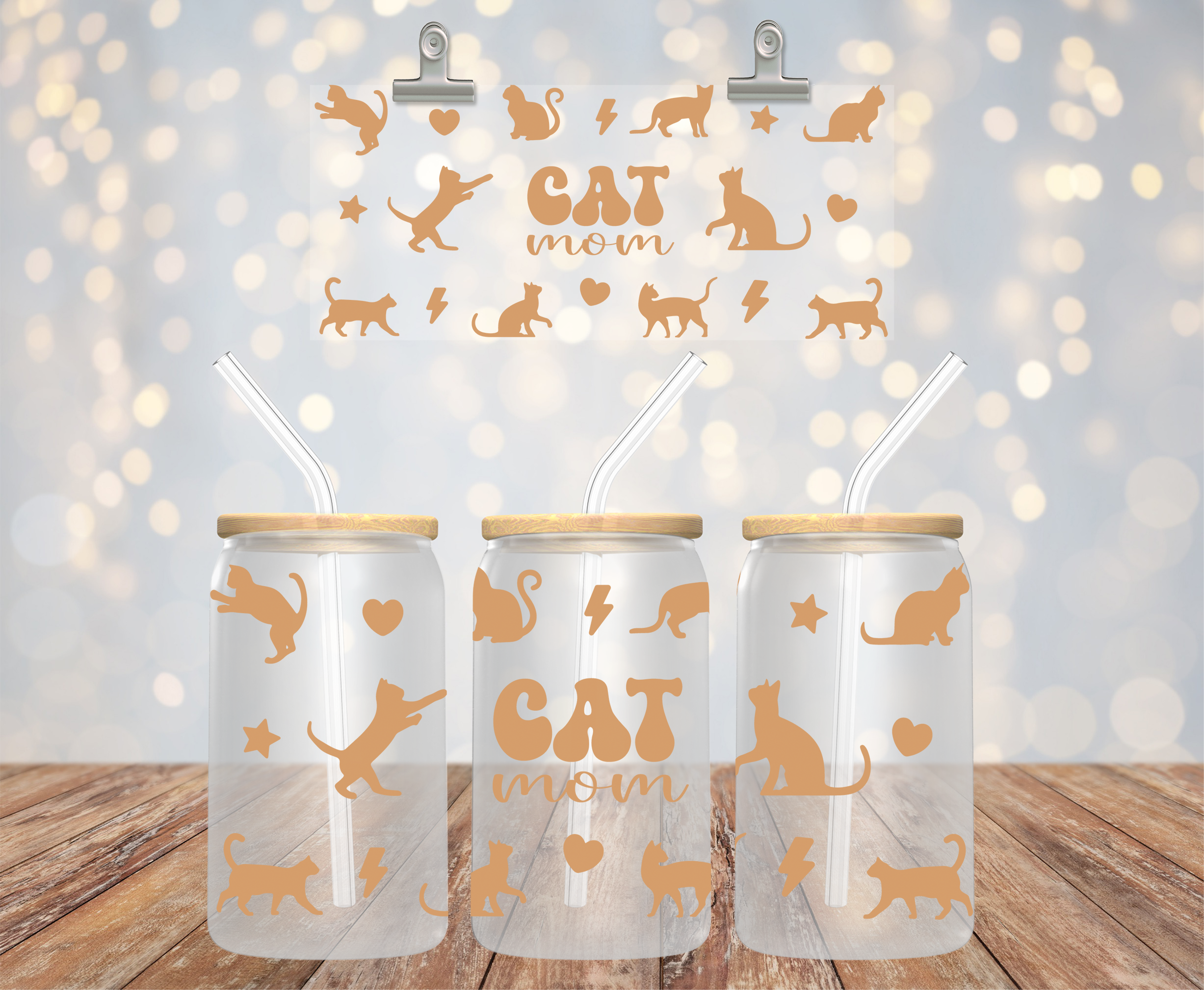 UV DTF cup wrap med cat mom på 16 oz glass can