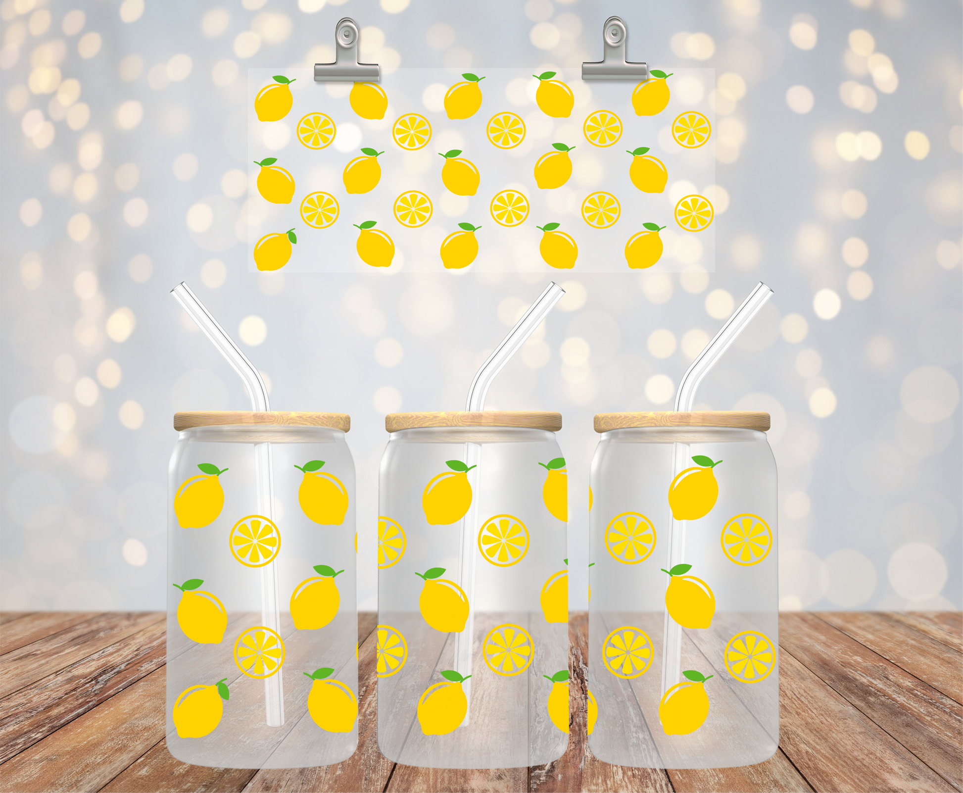 UV DTF cup wrap med citroner på 16 oz glass can