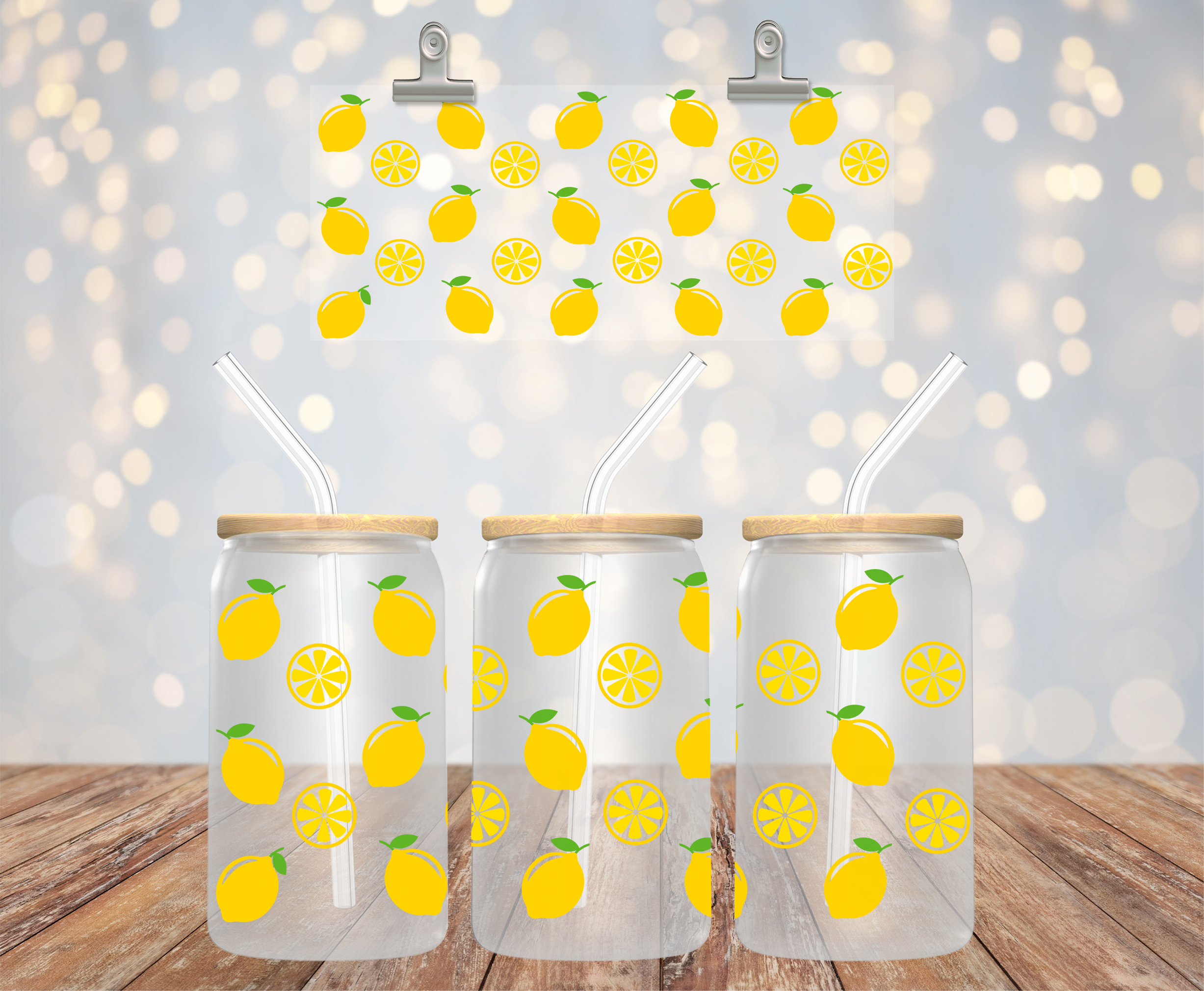 UV DTF cup wrap med citroner på 16 oz glass can