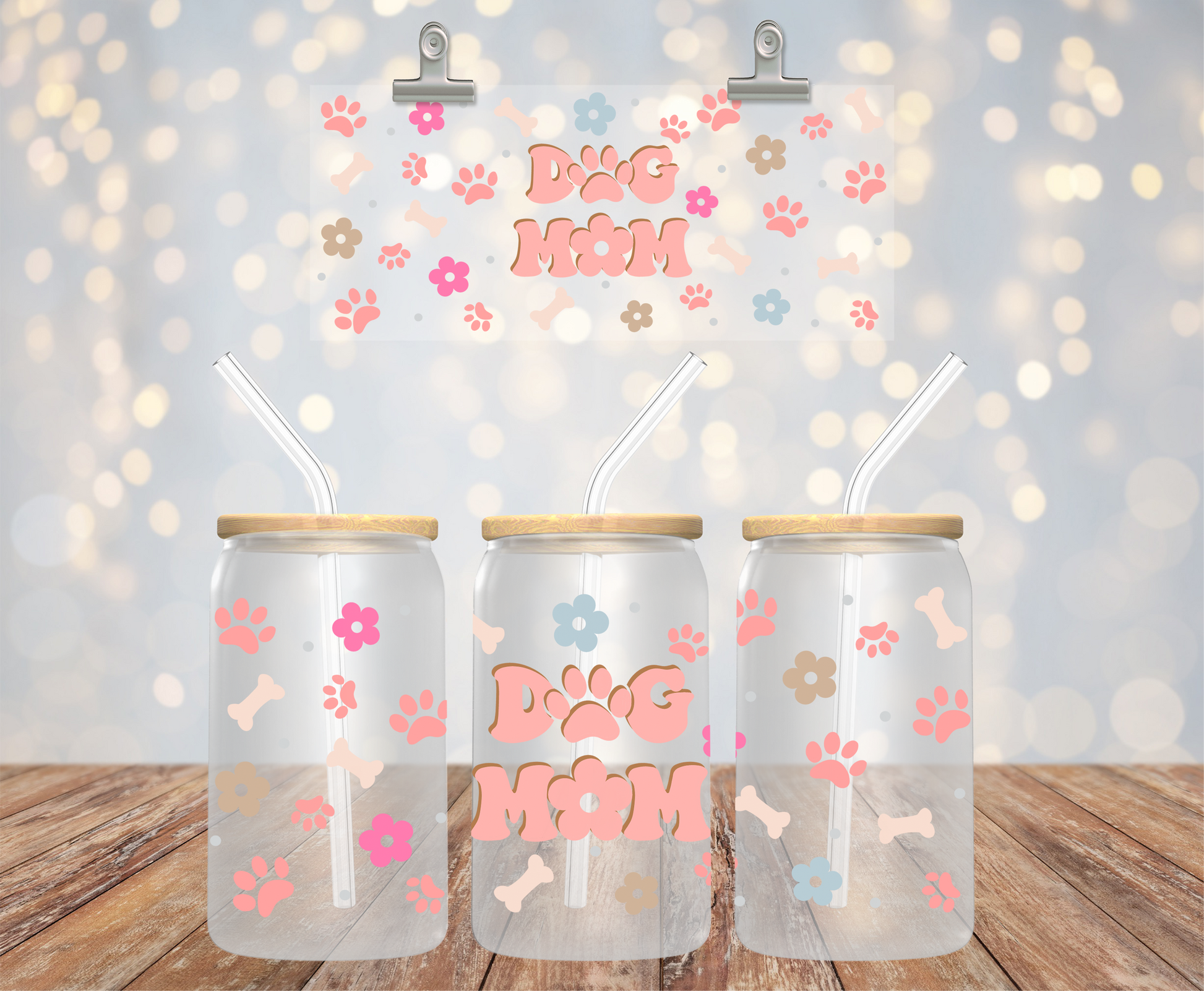 UV DTF cup wrap med dog mom på 16 oz glass can