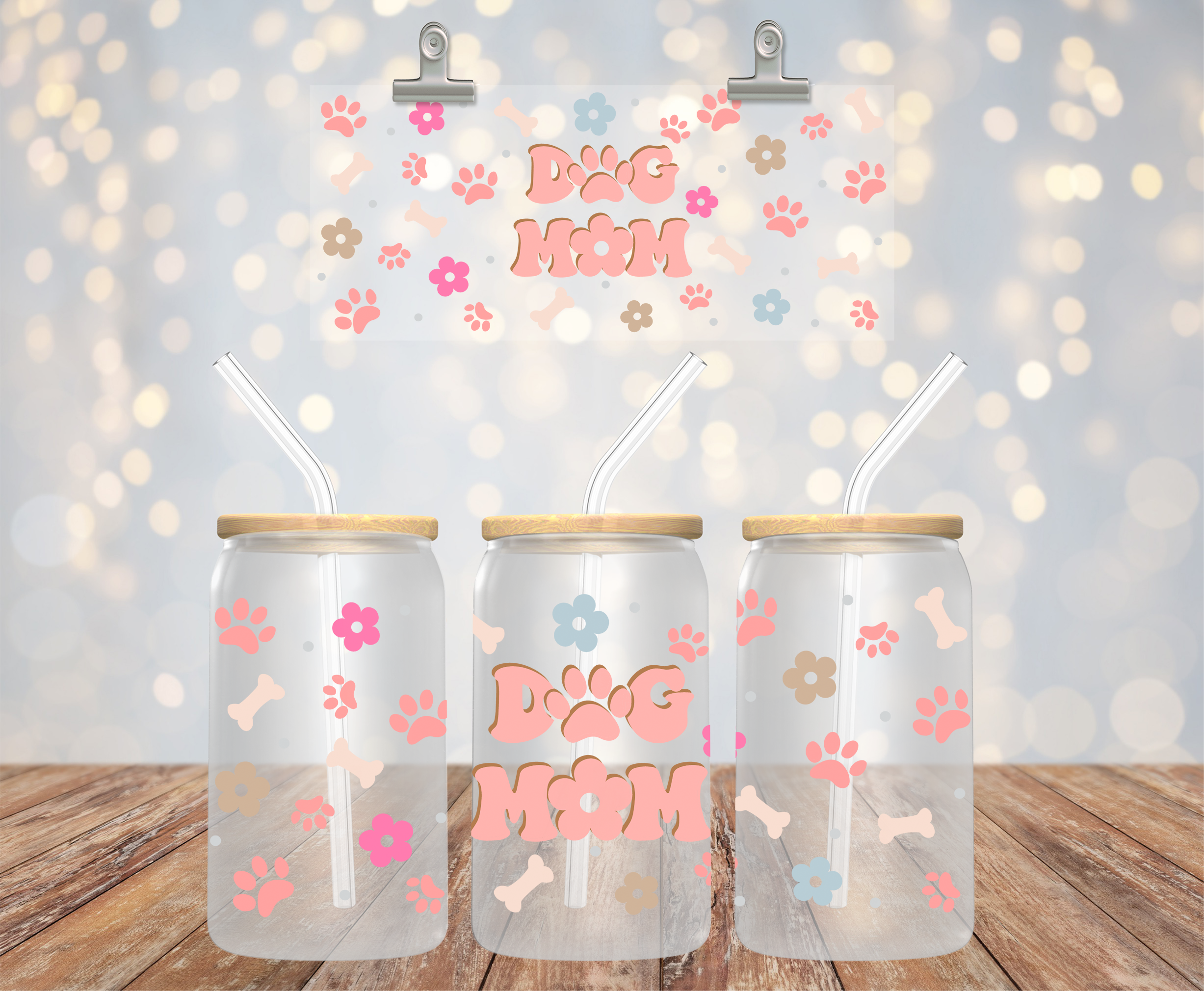 UV DTF cup wrap med dog mom på 16 oz glass can