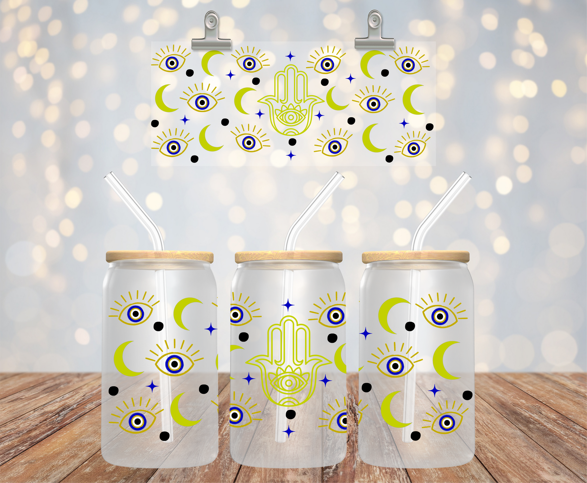 UV DTF cup wrap med evil eye på 16 oz glass can