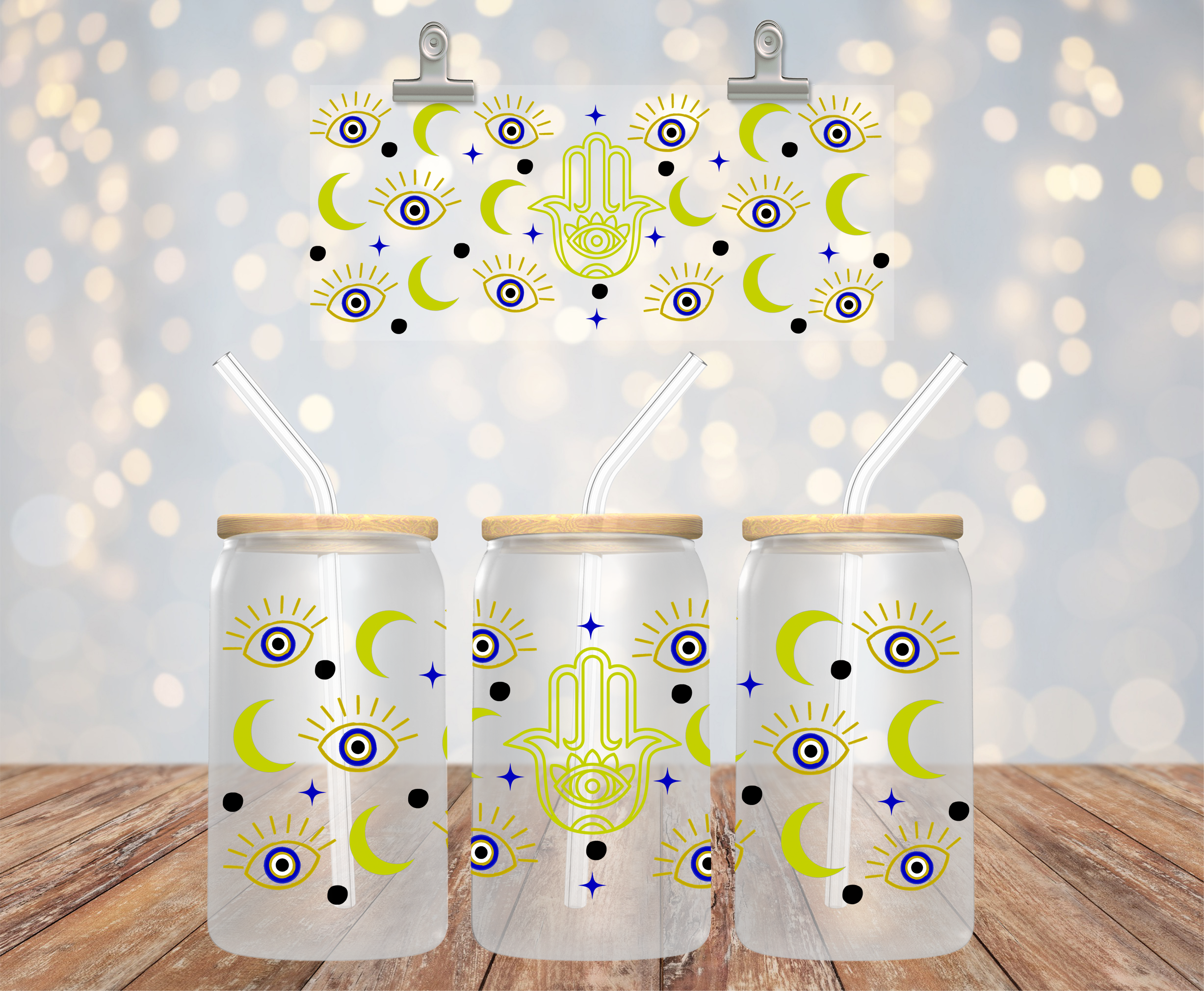 UV DTF cup wrap med evil eye på 16 oz glass can