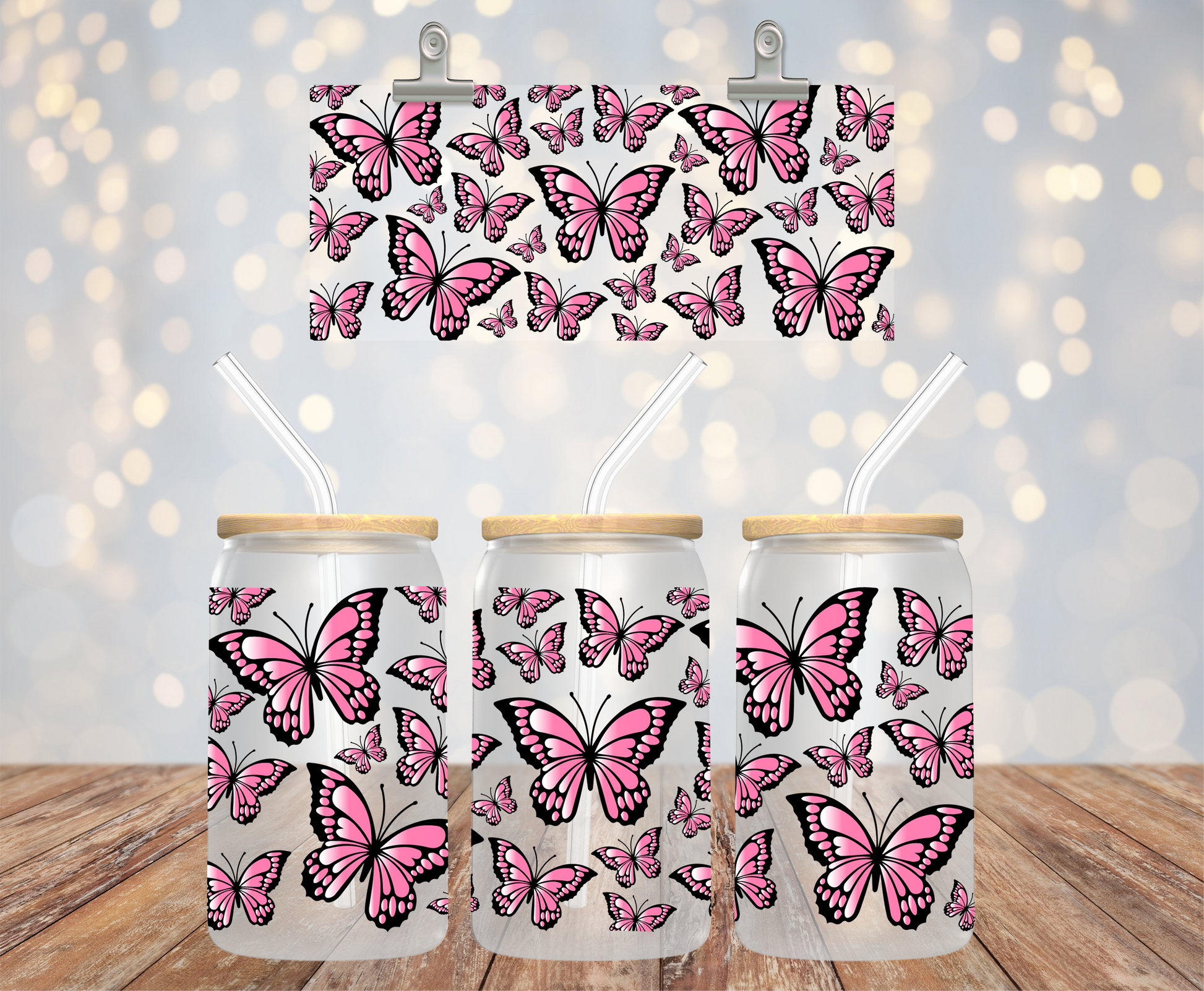 UV DTF cup wrap med rosa fjärilar på 16 oz glass can