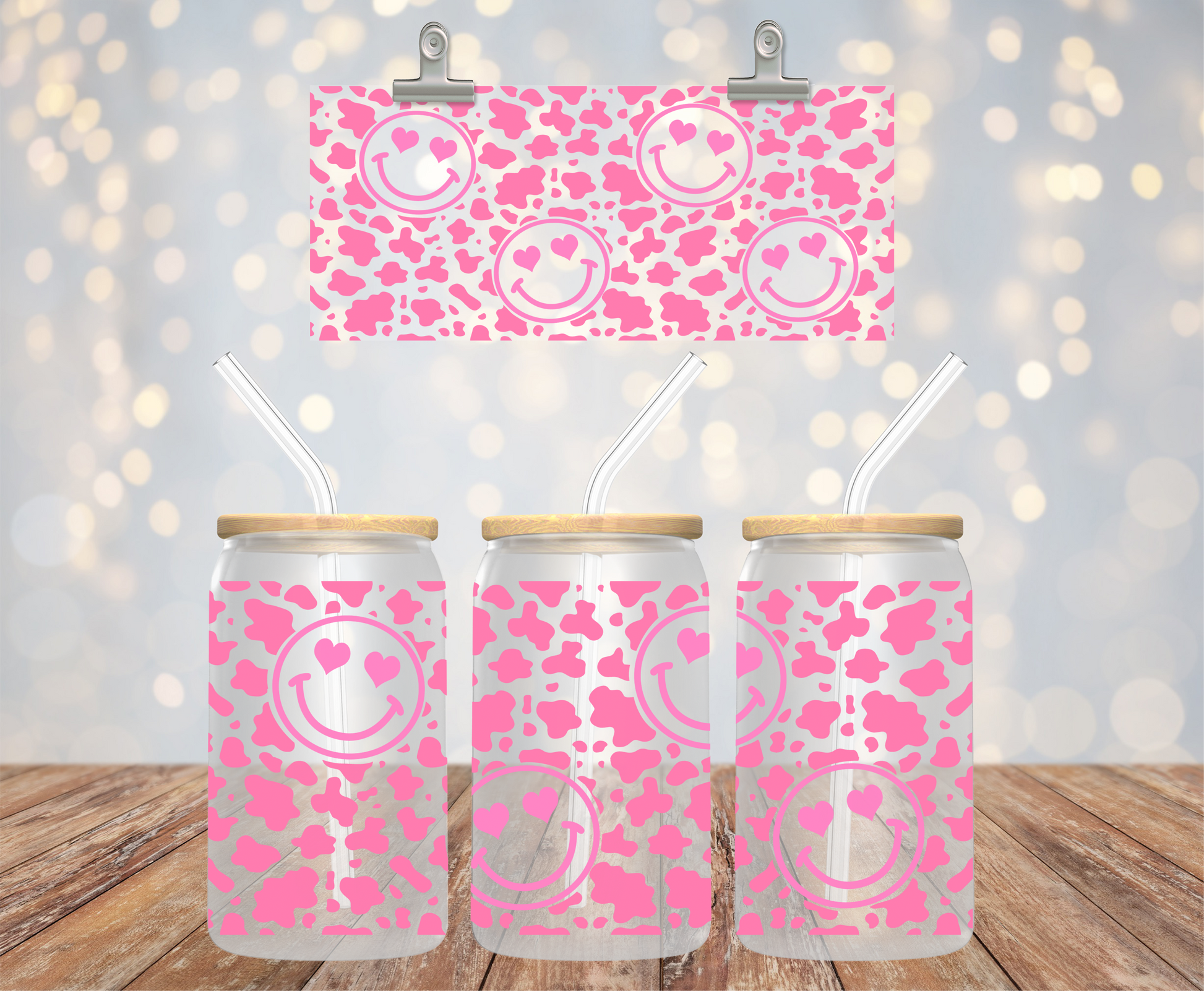 UV DTF cup wrap med smiley koprint på 16 oz glass can