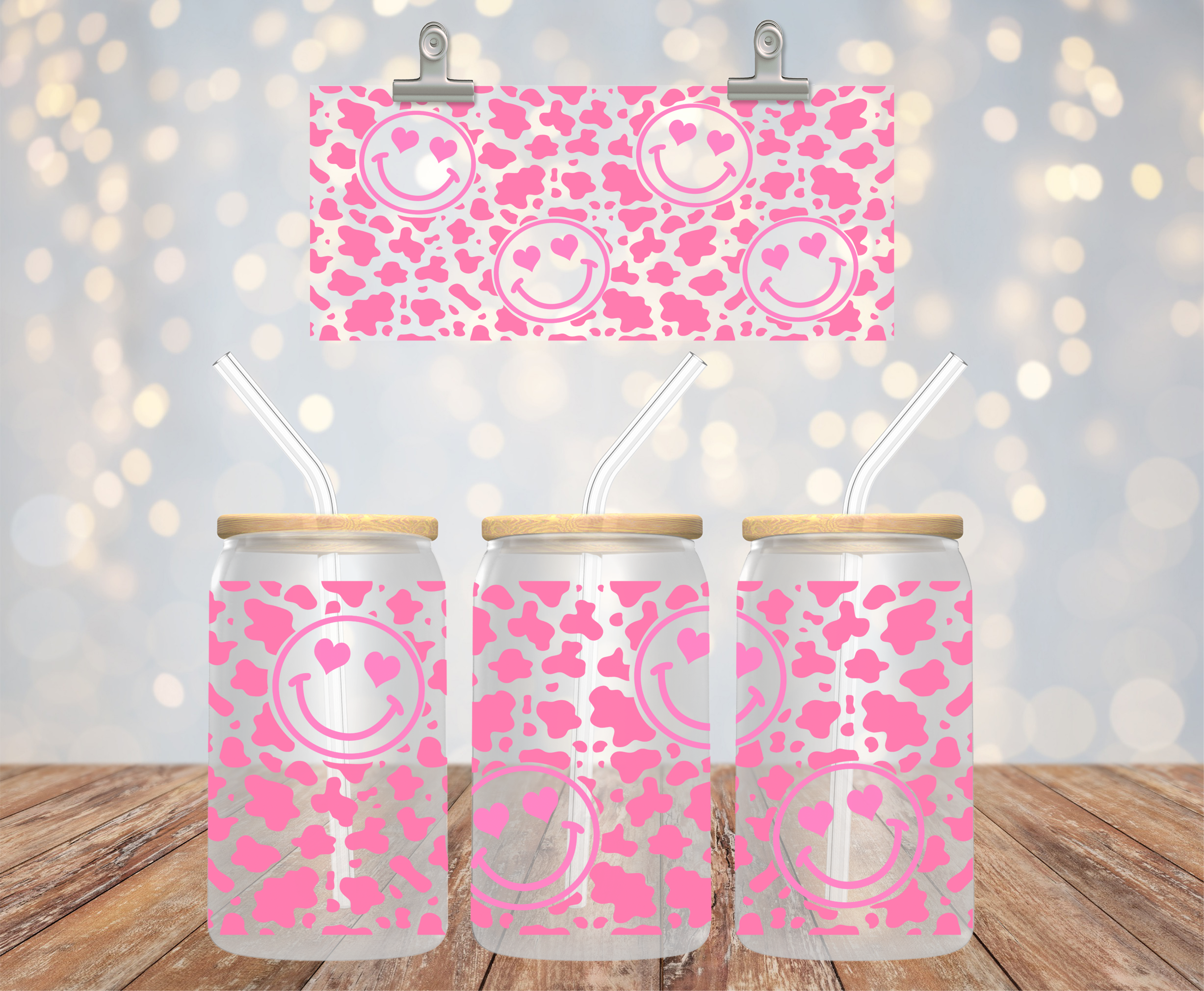 UV DTF cup wrap med smiley koprint på 16 oz glass can