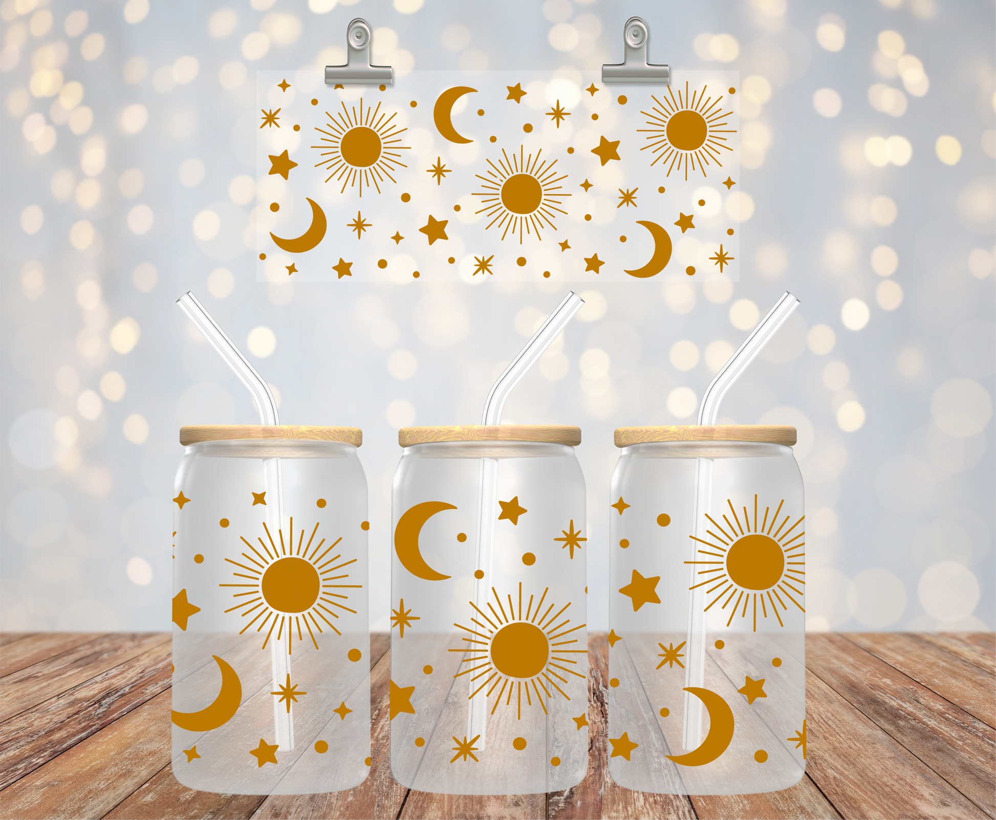 UV DTF cup wrap med sol & måne på 16 oz glass can