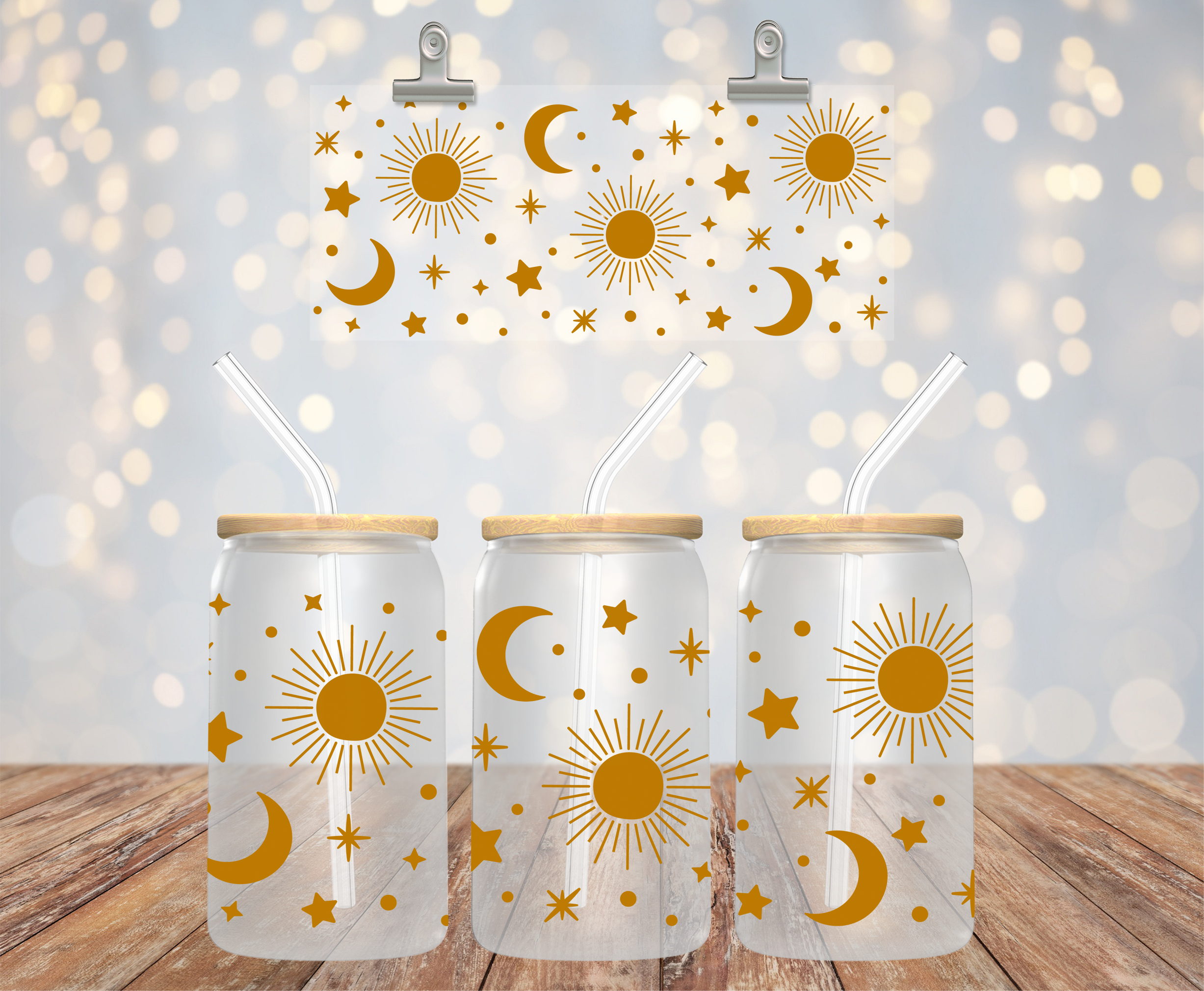 UV DTF cup wrap med sol & måne på 16 oz glass can