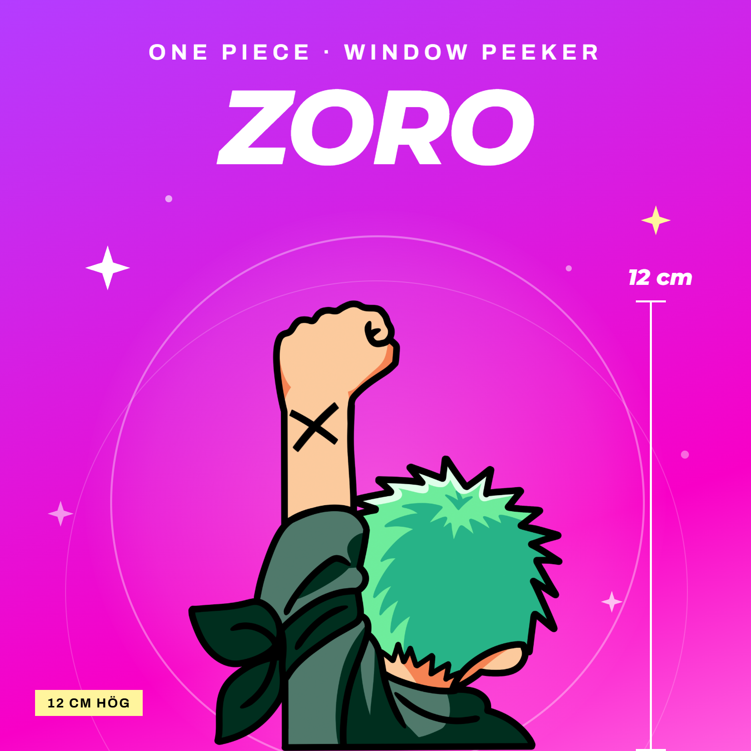 Zoro window peeker – One Piece fönsterdekal till bilrutan, 12 cm hög